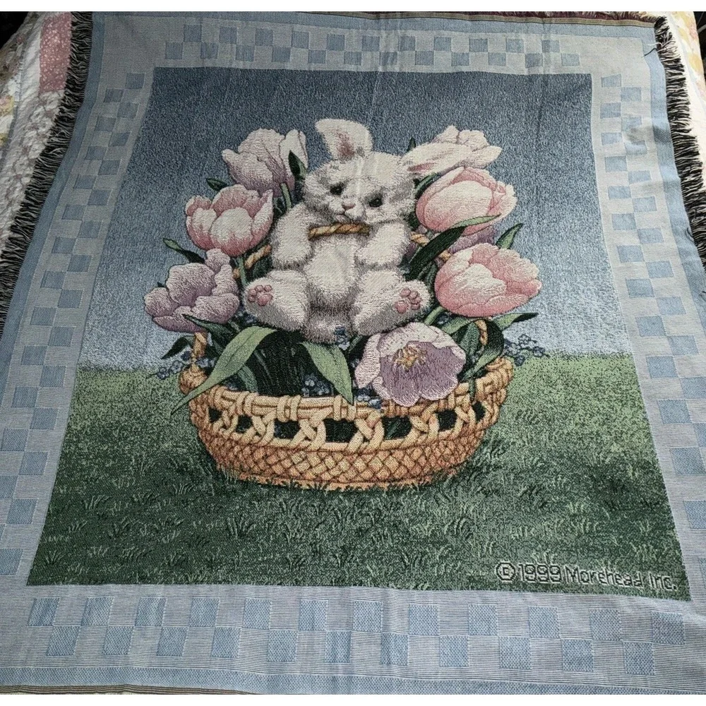Vintage‎ Woven Bunny Rabbit Tapestry Throw Blanket Fringe Easter Cottagecore